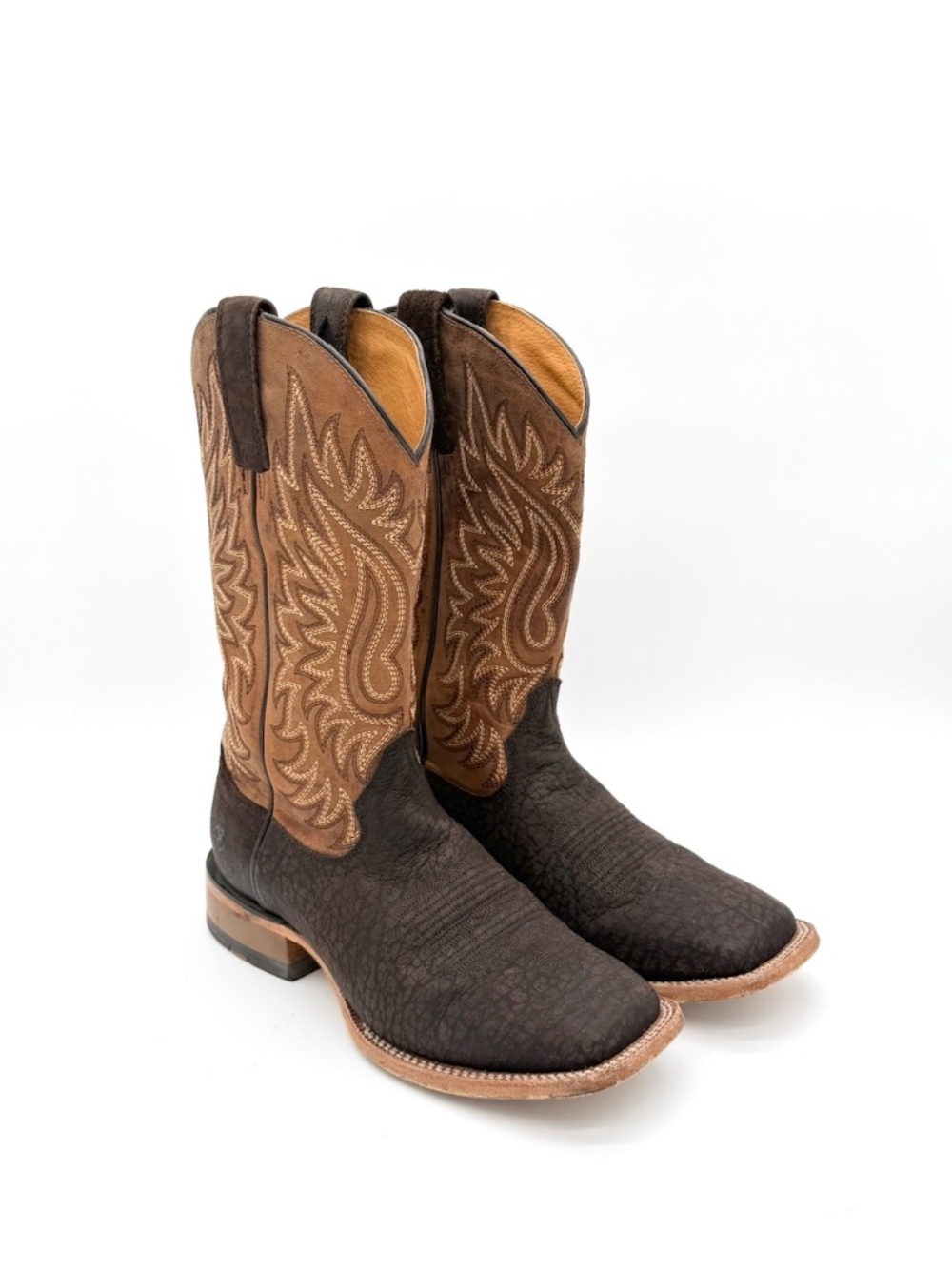 Ariat Gold Point Chocolate Bison Leather Wide Square Toe Cowboy Boots 9 EE Wide